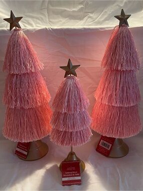 NWT 3 Ashland Pink Tassel Tabletop Trees with Gold Stars